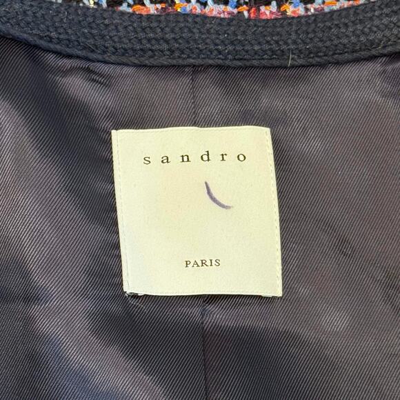 Sandro Women’s Tweed Bouclé Jacket M Blue Plaid Gold Buttons Preppy Classic Chic - Picture 14 of 14